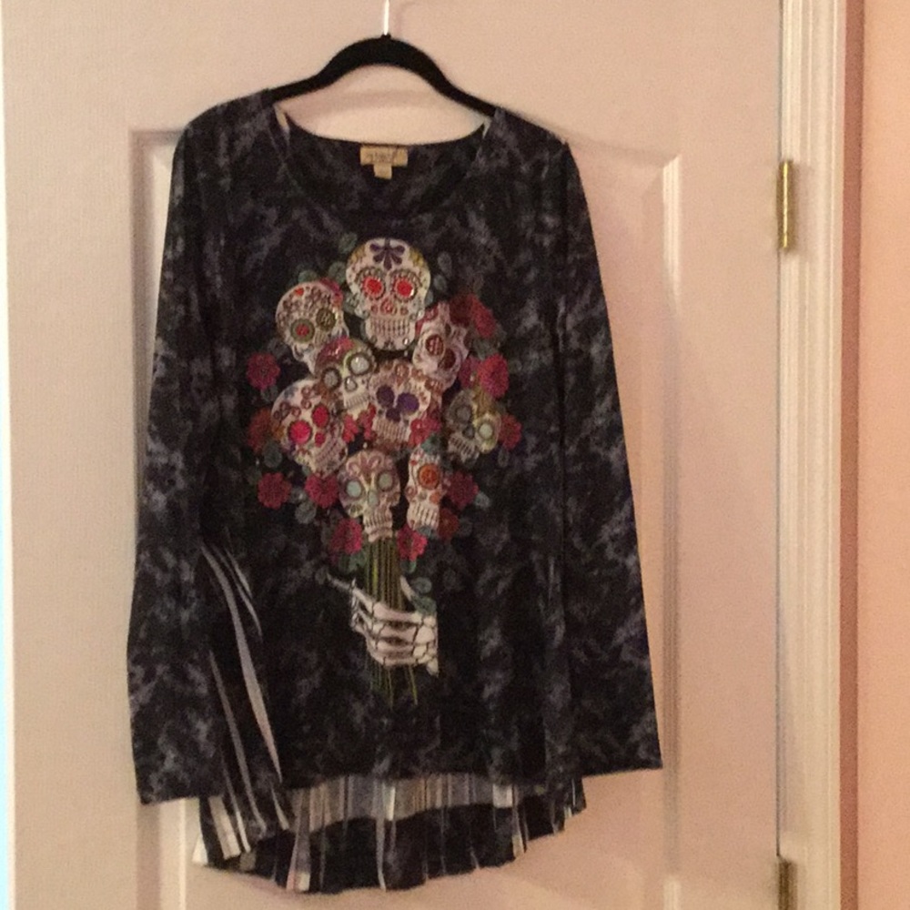 One World Sugar Skull Blouse with pleated back